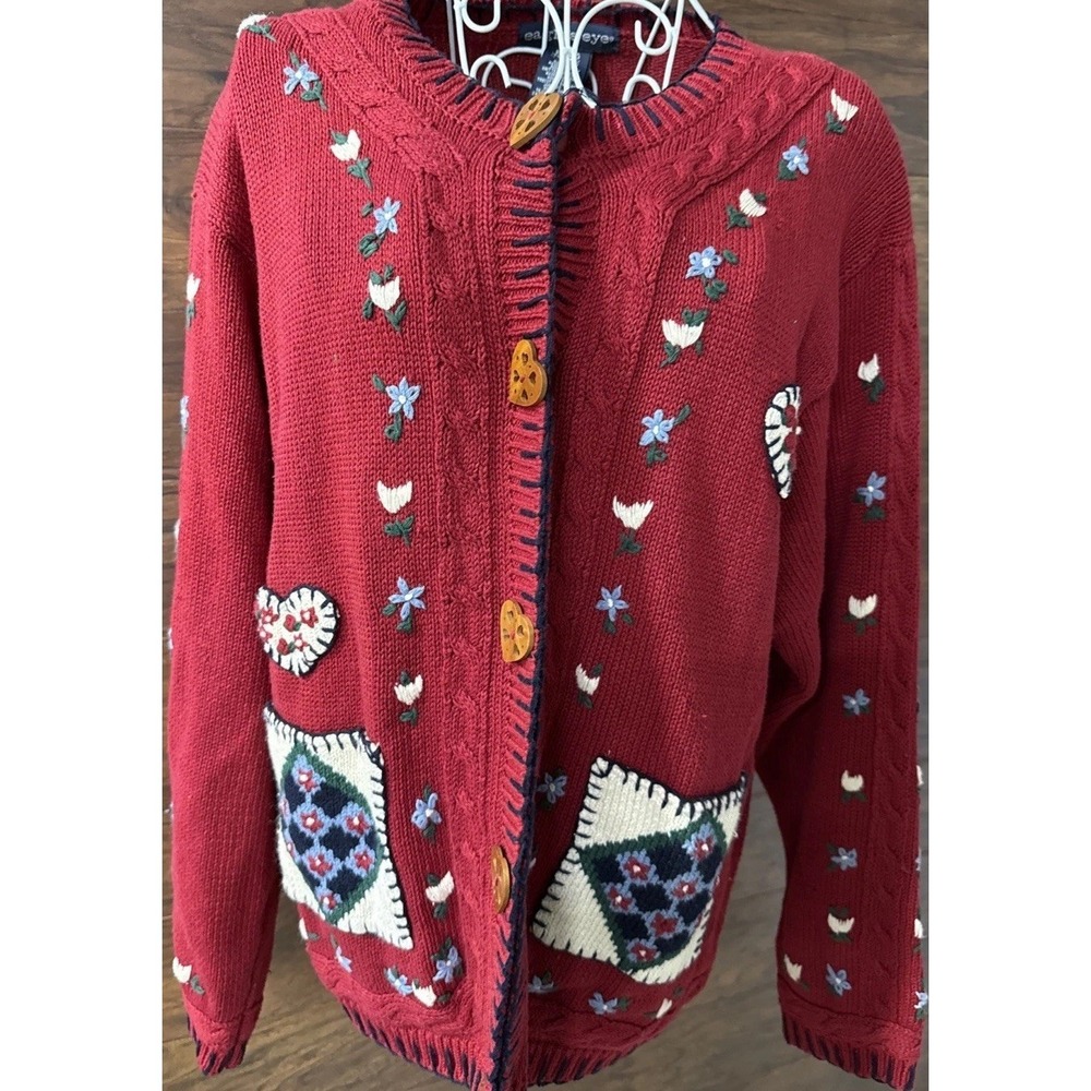VINTAGE EAGLES EYE SWEATER HEARTS FLORAL DECORATIVE SLEEVES SZ LG Read Below